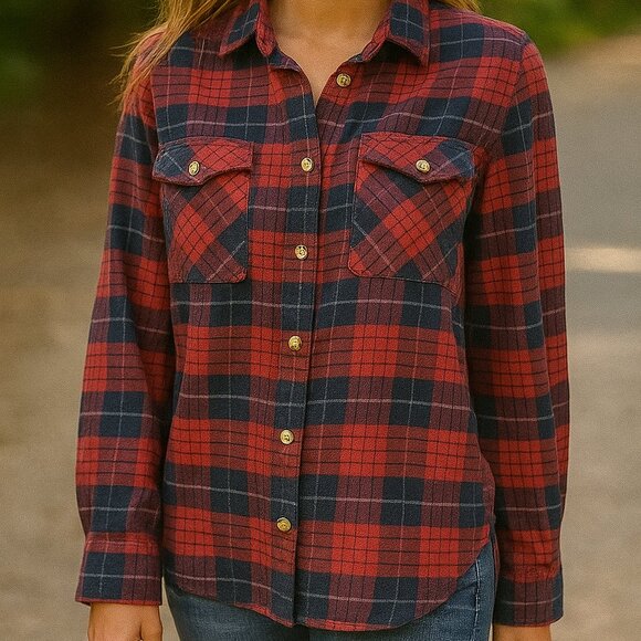 Lee Jeans Flannel Plaid Embroidered Back Graphics Button-down Shirt Top - Picture 1 of 2